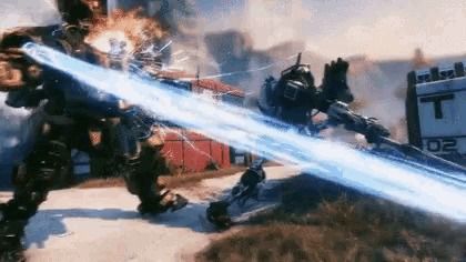 two soldiers are fighting each other in a video game with a blue light coming out of their weapons .