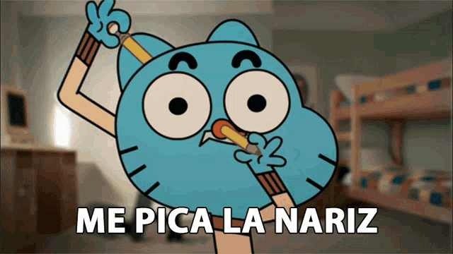 a cartoon character with a pencil in his mouth and the words me pica la nariz