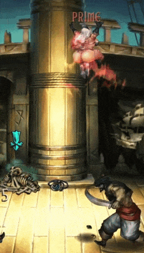 a video game scene with a pirate and a skeleton and the word prime on a pillar