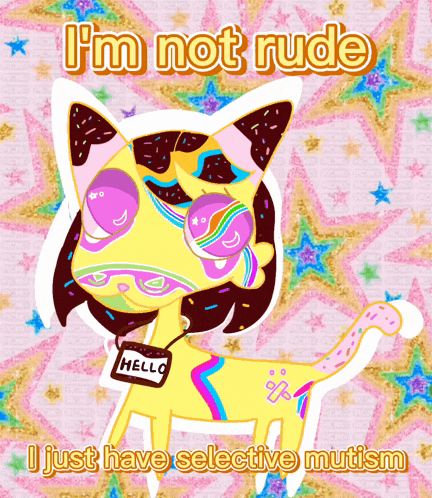 a cartoon of a cat with a name tag that says hello
