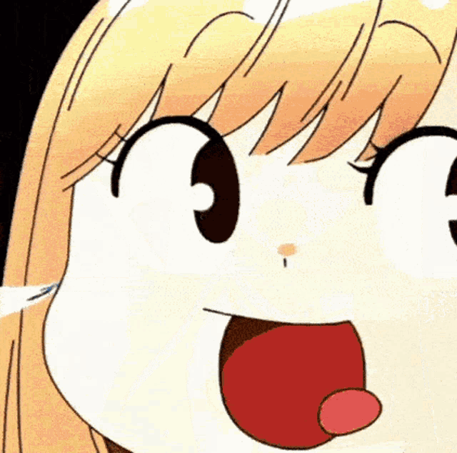 a close up of a cartoon girl 's face with her mouth open and a red tongue sticking out .