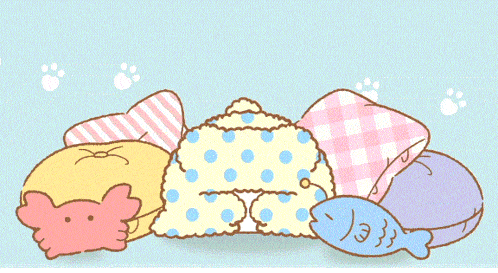 a cartoon drawing of a cat sleeping on a bed with pillows