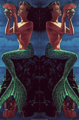 a painting of a mermaid sitting on a rock holding a shell