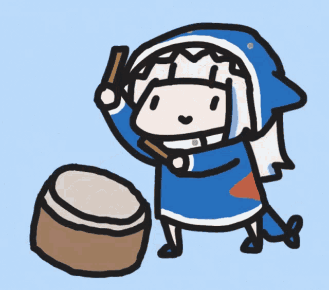 a cartoon character with a shark head is playing a drum