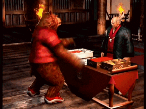a man in a green jacket stands next to a bear in a red shirt
