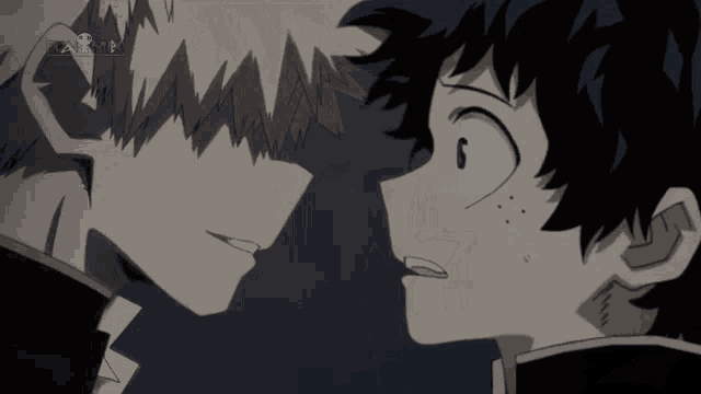 two anime characters are looking at each other and one has the number 6 on his forehead