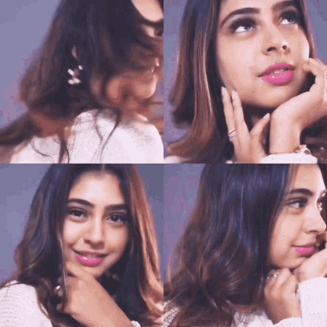 a woman 's face is shown in a collage of four pictures