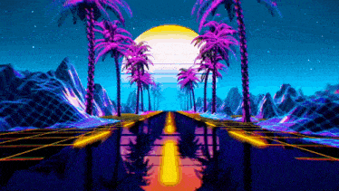 a computer generated image of a tropical landscape with palm trees and mountains .