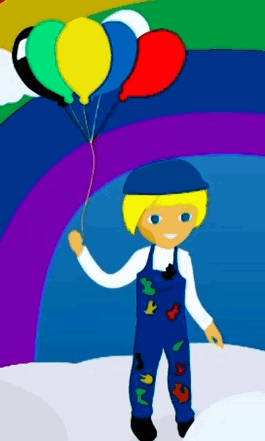 a boy in blue overalls is holding balloons in front of a colorful rainbow