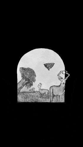 a black and white drawing of a deer standing in a field with trees and mushrooms .