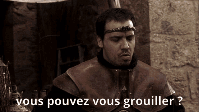 a man with a crown on his head and the words " vous pouvez vous grouiller " below him