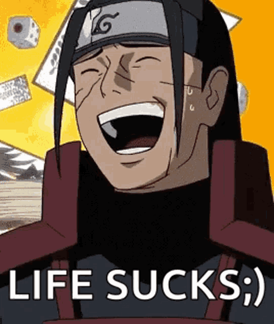 a cartoon character is laughing with the words life sucks .