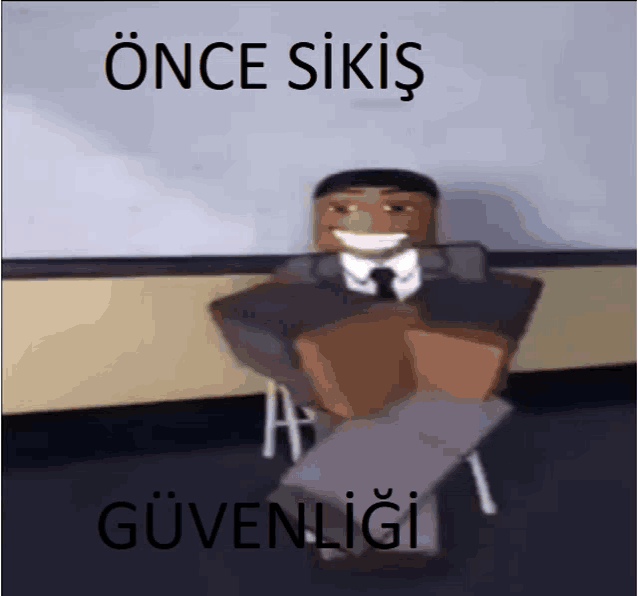 a man in a suit and tie is sitting in a chair with the words " önce sikiş güvenligi " written on the bottom