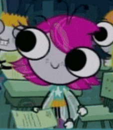 a cartoon character with big eyes and pink hair is holding a piece of paper