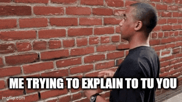 a man is standing in front of a brick wall with the caption `` me trying to explain to you '' .