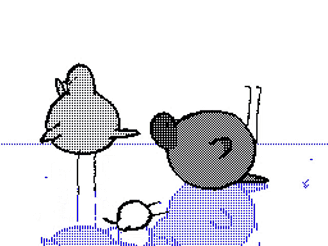 a black and white drawing of a penguin and a rabbit