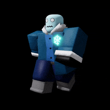 a cartoon character with a snowflake on his chest is wearing a blue coat