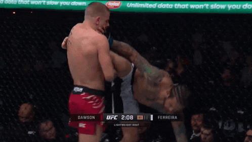 ufc lightweight bout between dawson and ferreira is shown on the screen