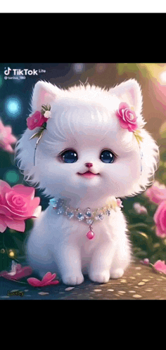 a white cat wearing a necklace and flowers on its head is sitting next to pink flowers .