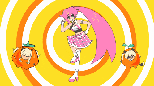 a cartoon girl with pink hair is standing in a circle