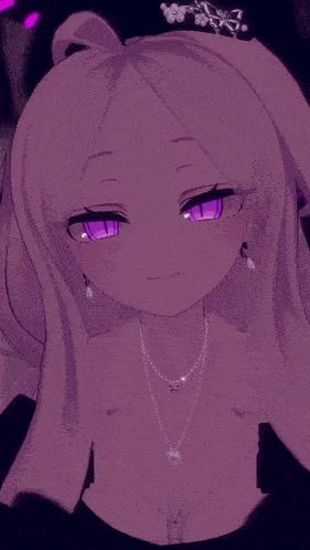 a girl with purple eyes is wearing a black dress
