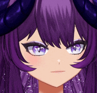 a close up of a girl with purple hair and blue eyes