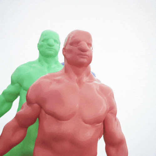 a green man and a red man are standing next to each other on a white background