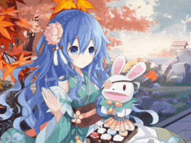 a girl with blue hair is holding a stuffed rabbit and cupcakes .