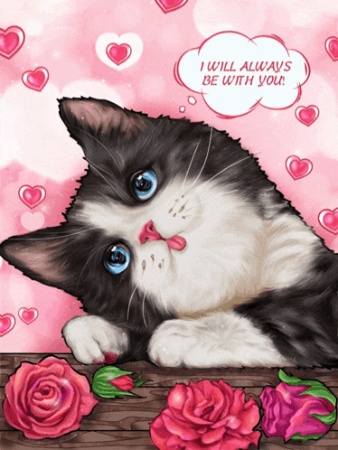 a black and white cat with a speech bubble saying i will always be with you