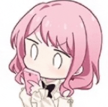 a cartoon girl with pink hair is holding a cell phone in her mouth .