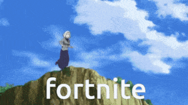 a cartoon character standing on top of a hill with the word fortnite written on the bottom