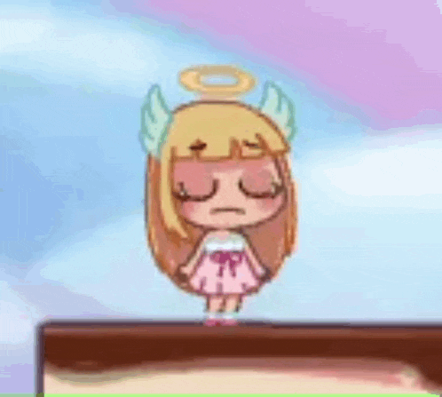 a cartoon girl with wings and a halo on her head is standing on top of a table .