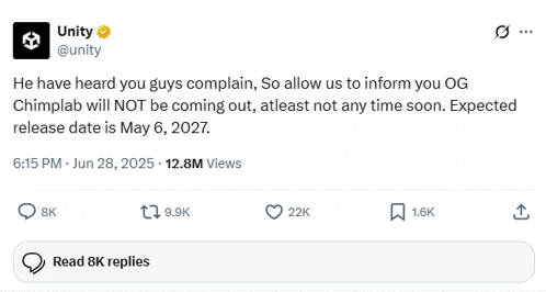 a tweet from unity that says chimplab will not be coming out atleast not any time soon