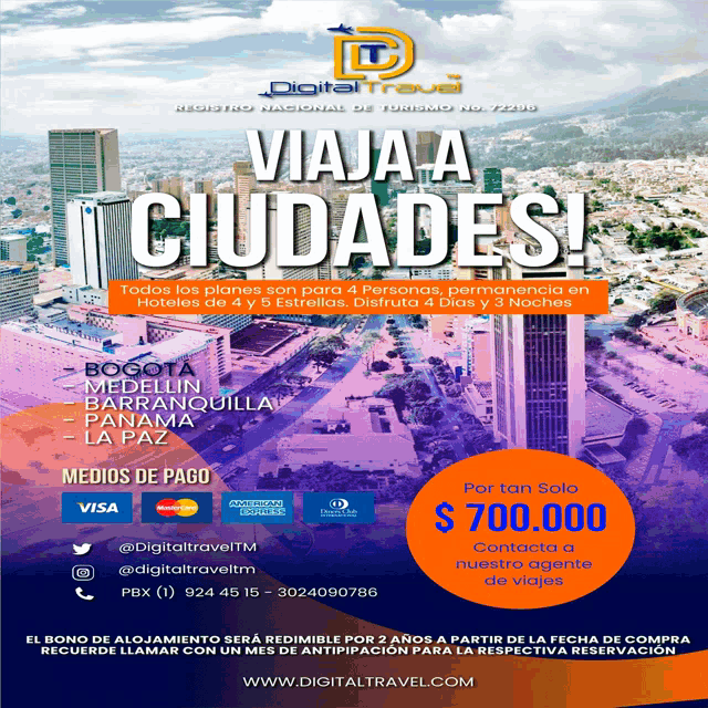an advertisement for digital travel shows a city and says " viaja a ciudades "