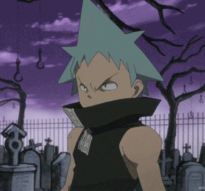a cartoon character with a blue star on his head stands in a cemetery