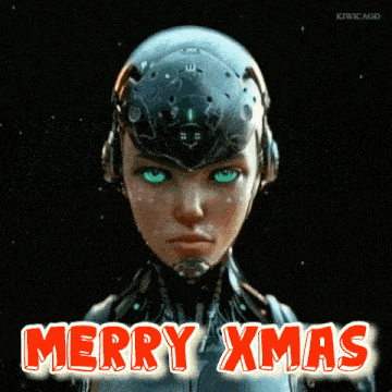 a robot says merry xmas in red text