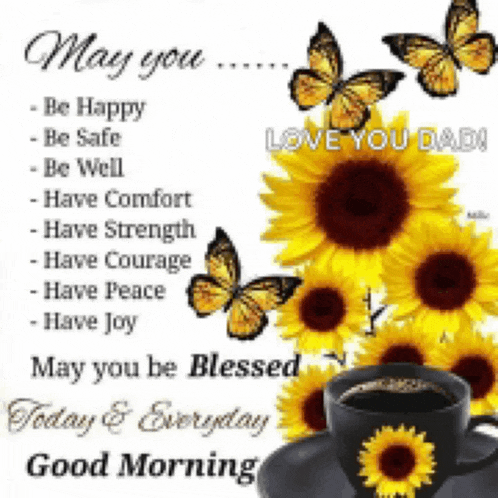 a picture of sunflowers and butterflies with the words may you be happy be safe be well have comfort have strength have courage have peace have joy
