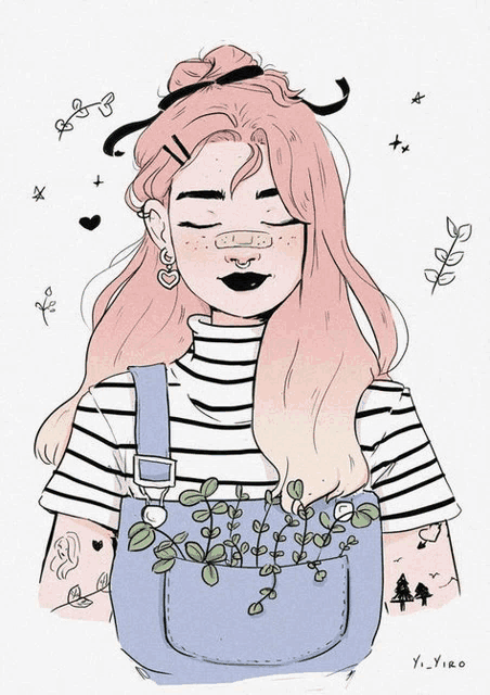 a drawing of a girl with pink hair and overalls with a plant in her pocket