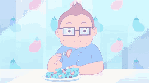 a cartoon man is eating a salad with a fork