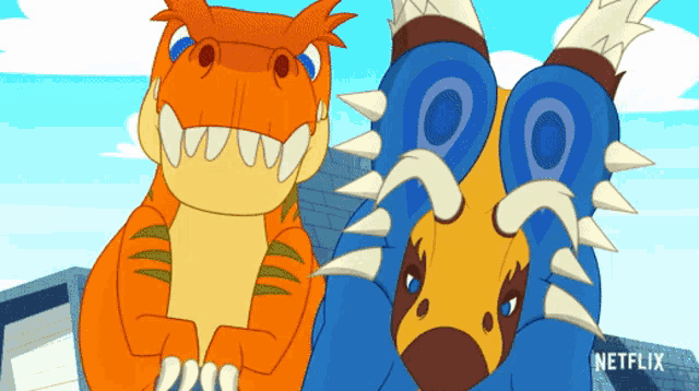 two cartoon dinosaurs are standing next to each other with netflix written on the bottom right