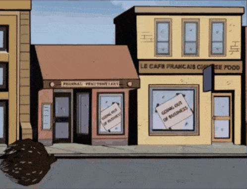 a cartoon of a building with a sign in the window that says going out of business