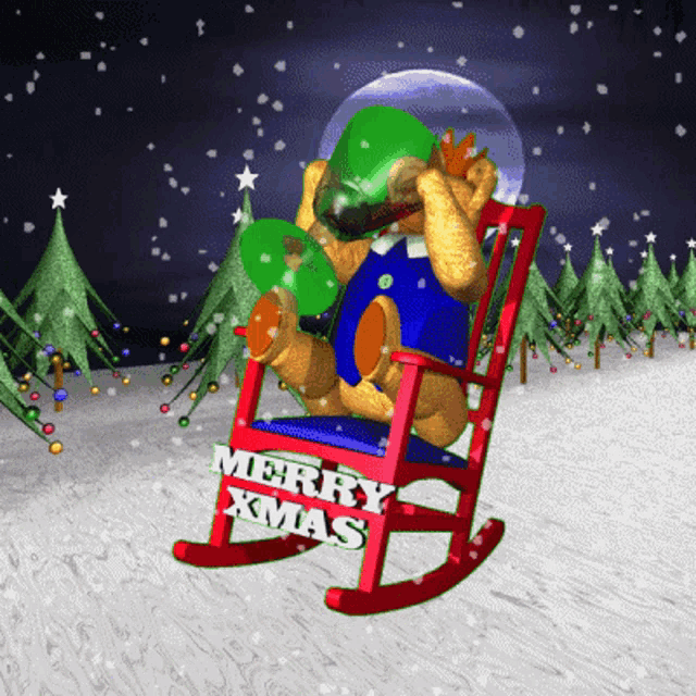 a teddy bear is sitting in a rocking chair that says merry xmas on it