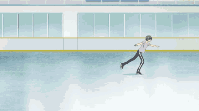 a man with blue hair and glasses is skating on a ice rink