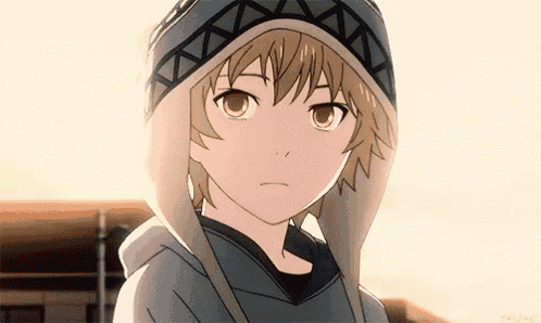a young anime boy wearing a hooded hat and a hoodie is looking at the camera .
