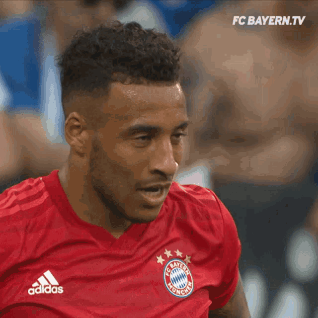 a man wearing a red adidas jersey looks at something