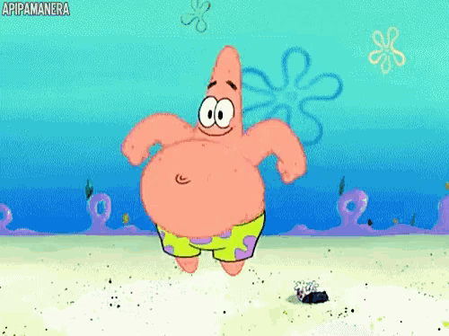patrick star from spongebob squarepants is standing on a sandy beach