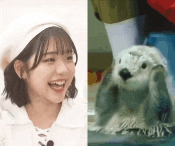 a woman is smiling next to a picture of a sea otter