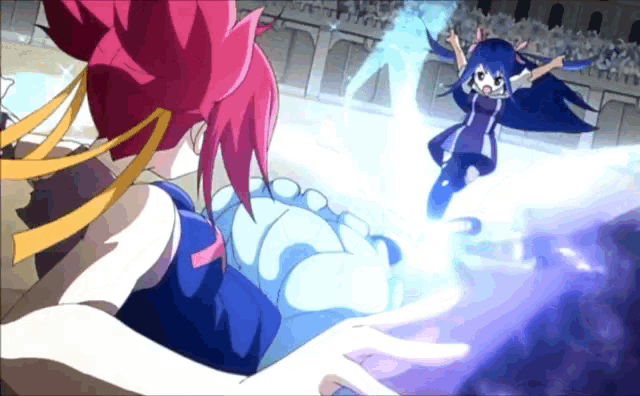 a cartoon of a girl with red hair and a girl with blue hair