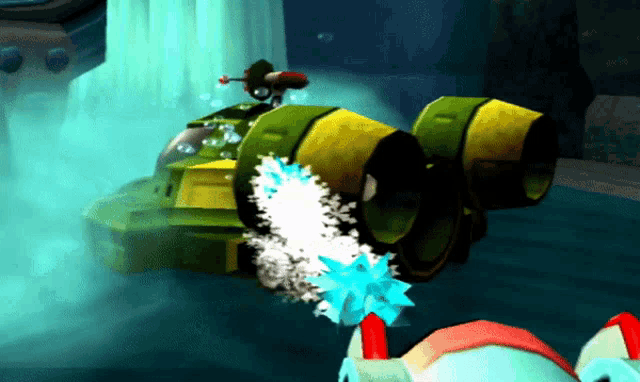 a video game character is riding a green vehicle