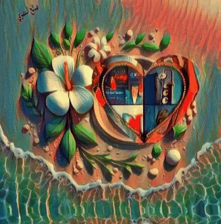 a painting of a heart with flowers and seashells on the beach
